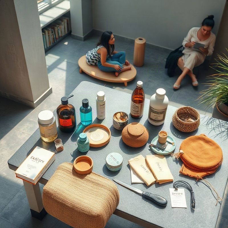 Flat-lay de produtos selecionados em superfície com tons sóbrios